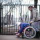 A caregiver and a child in St. Sophia’s courtyard. (Alexandr Anufriev / Meduza)